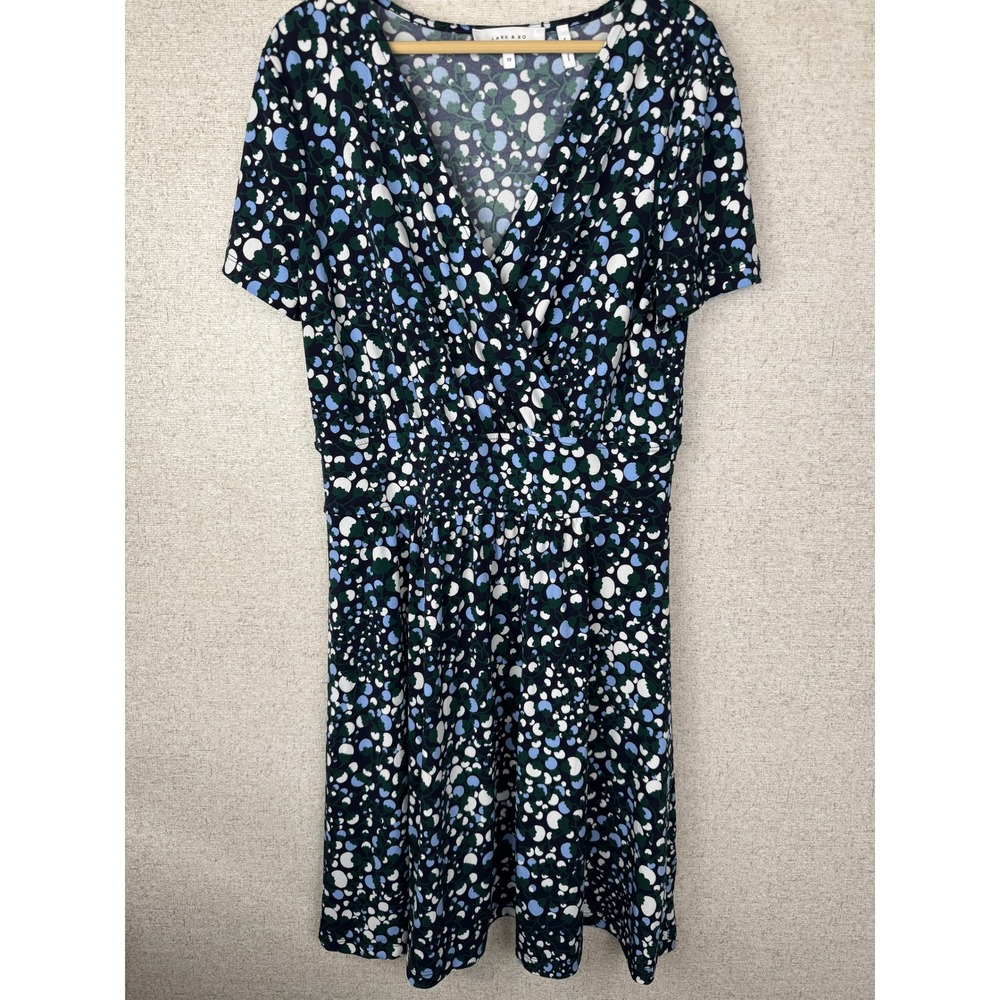 Lark & Ro Floral Dress Size 10 Blue Green V-Neck Empire Waist Fit & Flare Career